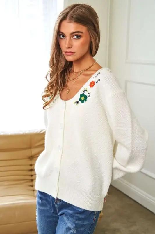Davi & Dani Flower Embroidered Button Up Long Sleeve Cardigan - Love Salve